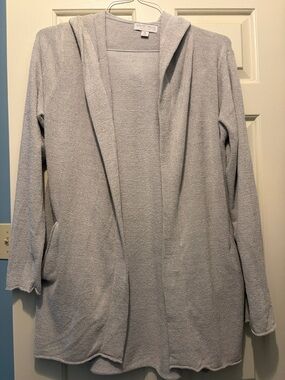Barefoot Dreams Hooded Open-Front Cardigan in Light BlueGray with pockets